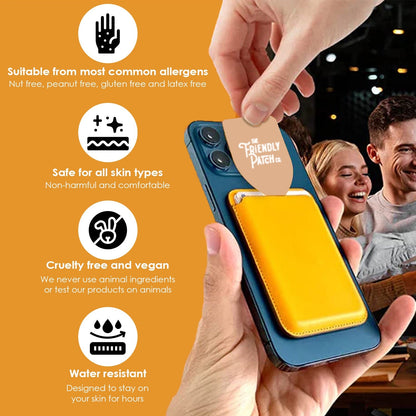 Phone case with a card holder, held by a hand, with product features listed on an orange background.