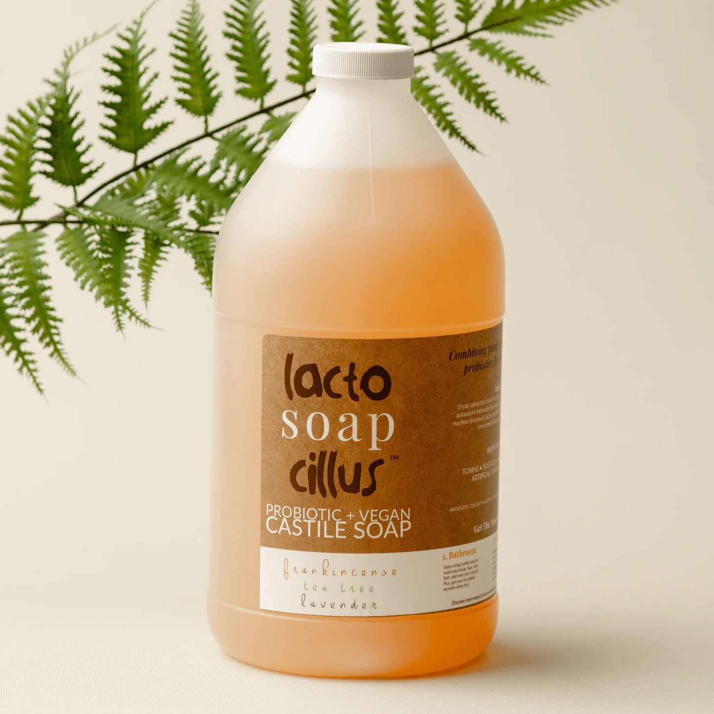 64 oz probiotic vegan castile soap bottle with frankincense, tea tree, and lavender