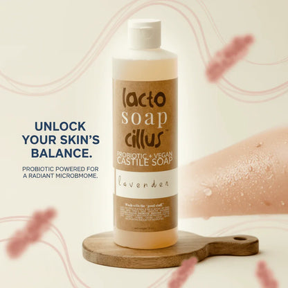 Lacto Soap Cillus probiotic vegan castile soap lavender bottle on wooden tray, arm with water droplets, skincare concept