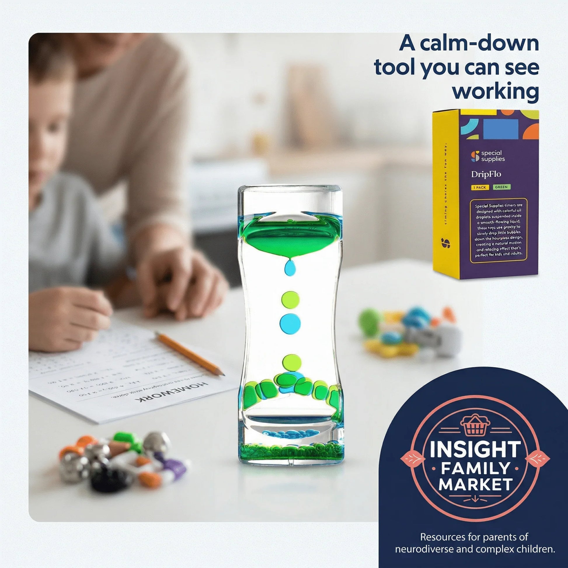 Sensory liquid timer calm-down tool with green and blue drops on a desk, child in background.