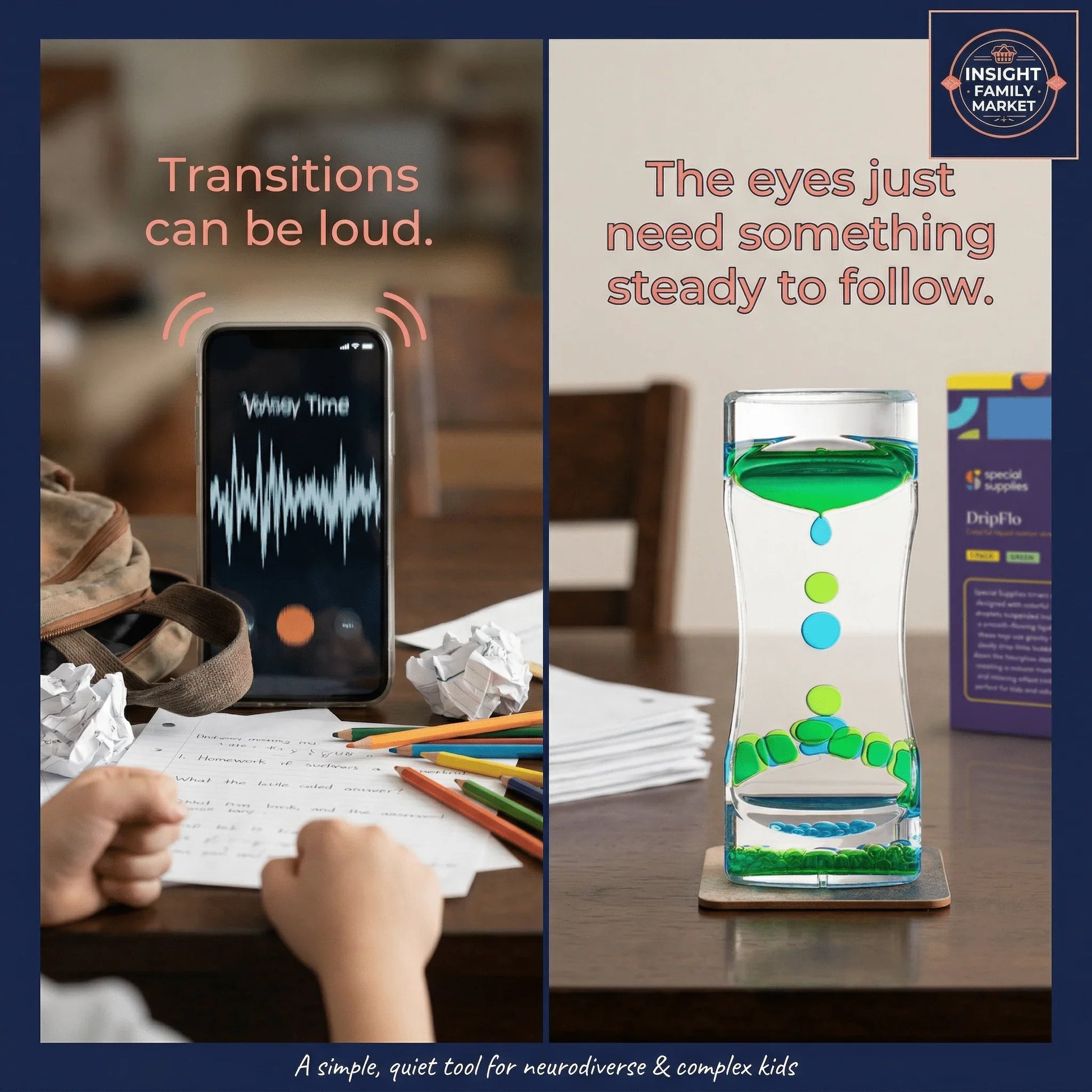 Drip water timer for kids on desk with homework, calming sensory tool for neurodiverse needs.