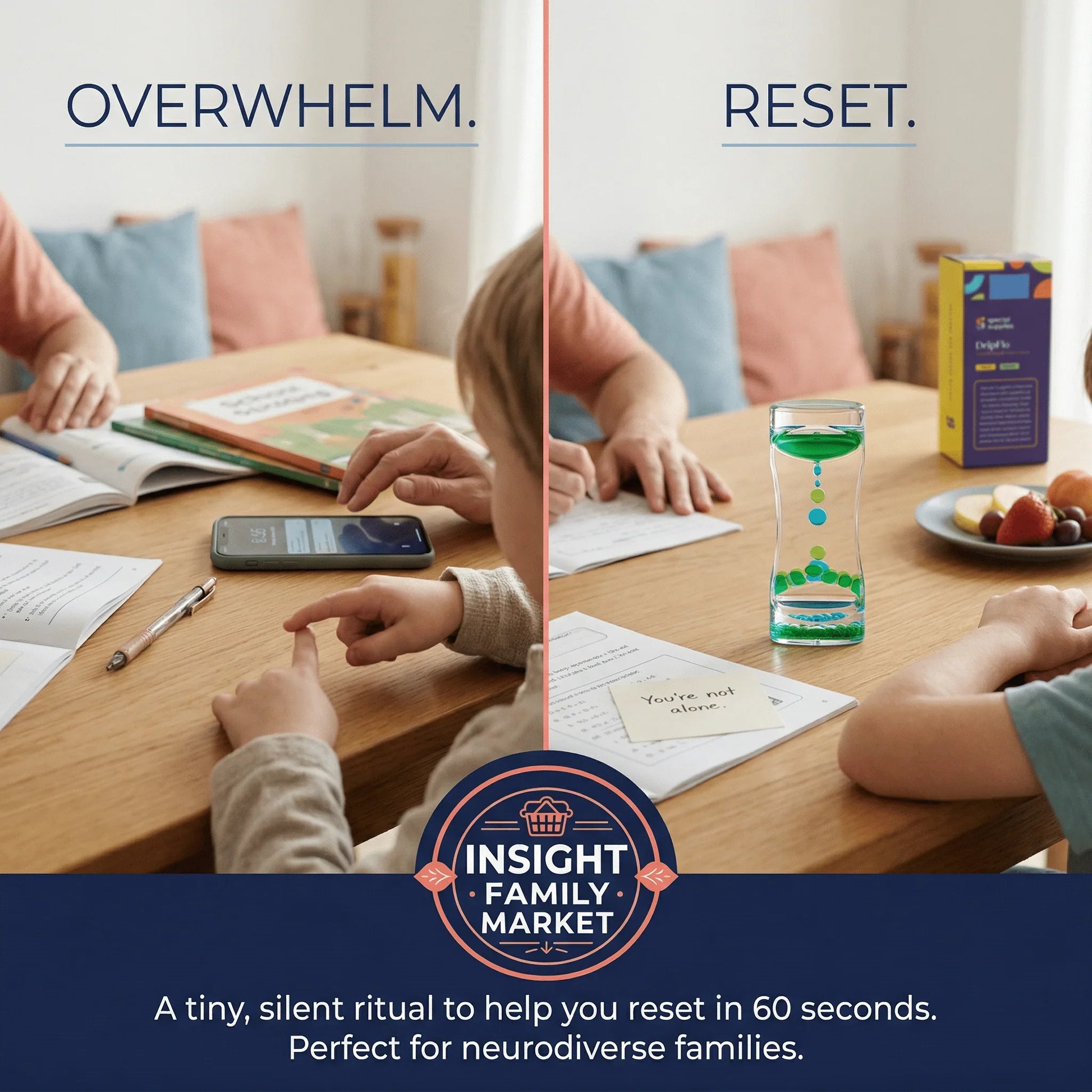 Family at table with books and sensory timer, illustrating overwhelm and reset moments for neurodiverse support.