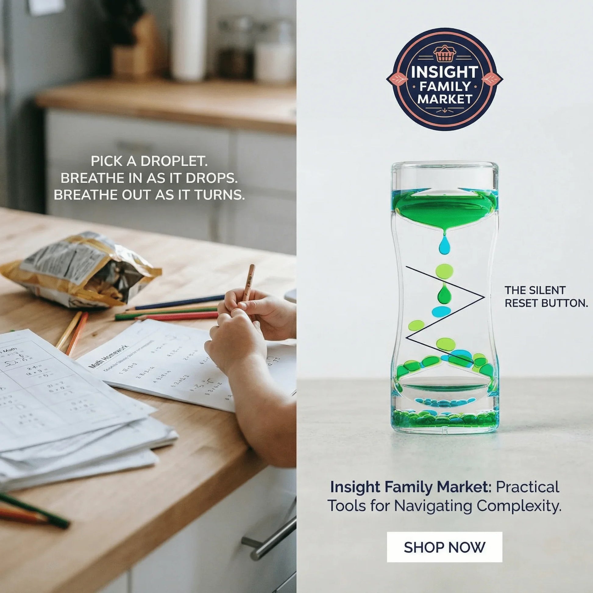 Child doing homework at kitchen table with sensory timer and colored pencils, calm focus tool for learning.