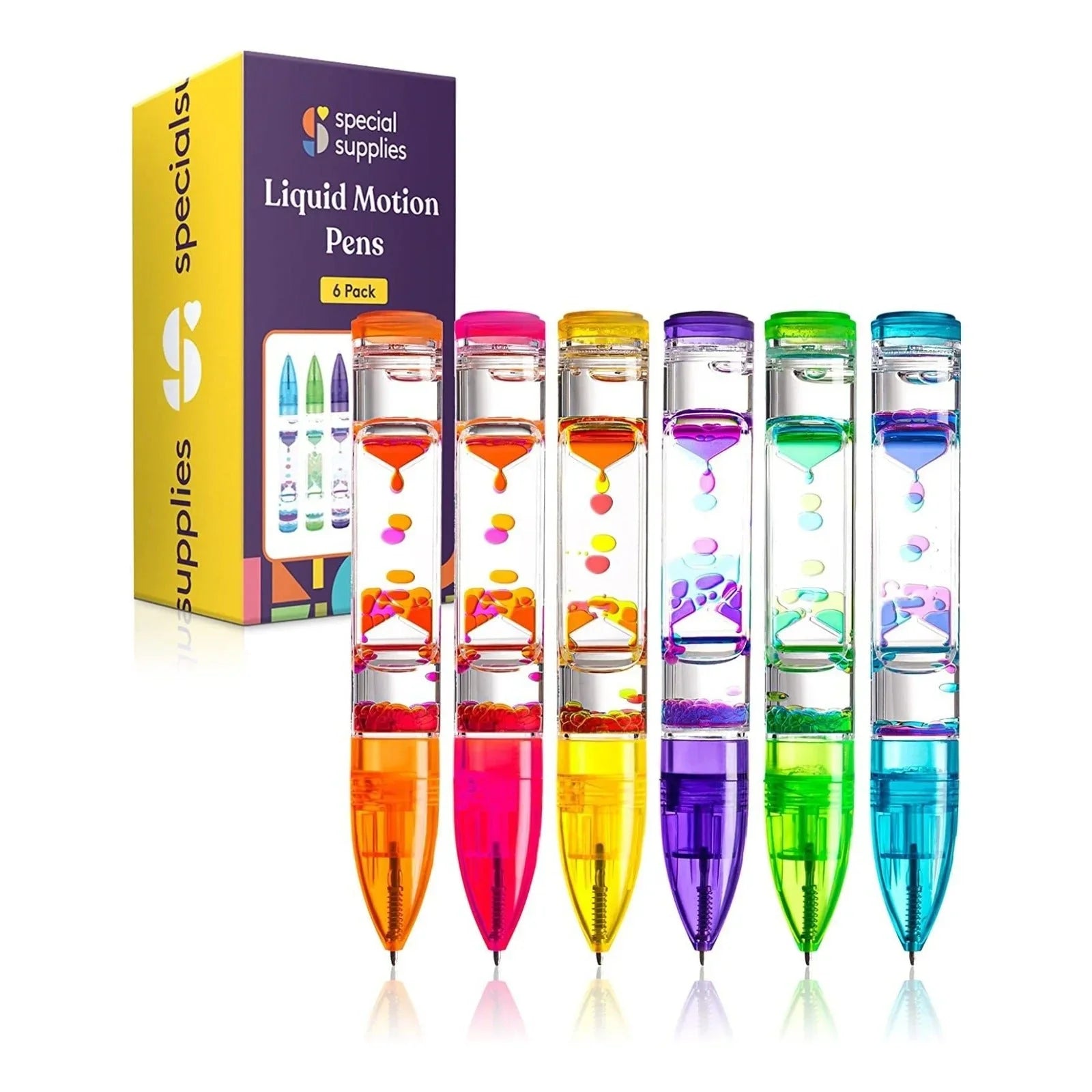 Six colorful liquid motion sensory pens with box, ideal for focus and calming support.