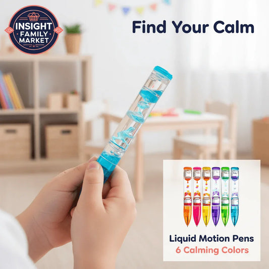 Child holding liquid motion pen with blue calming liquid, sensory tool set for focus and stress relief