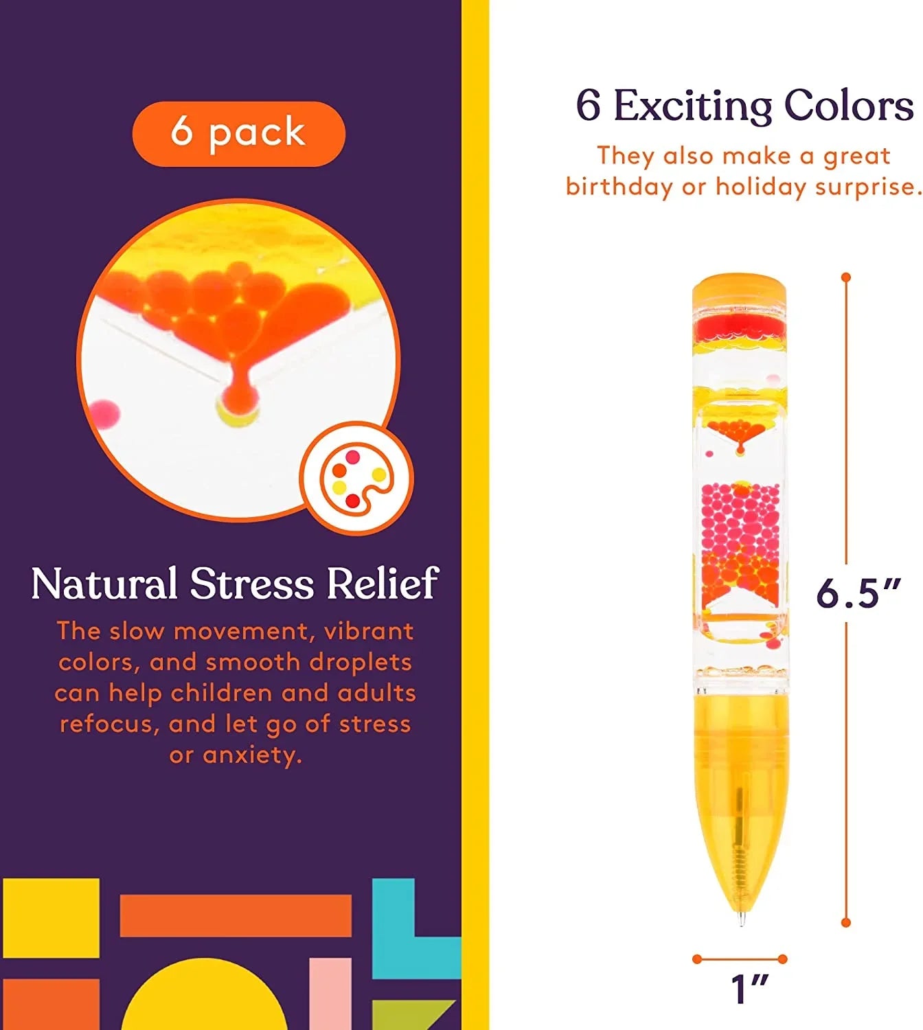 Colorful sensory liquid motion pen, 6 pack, for stress relief and focus, 6.5 inches long.