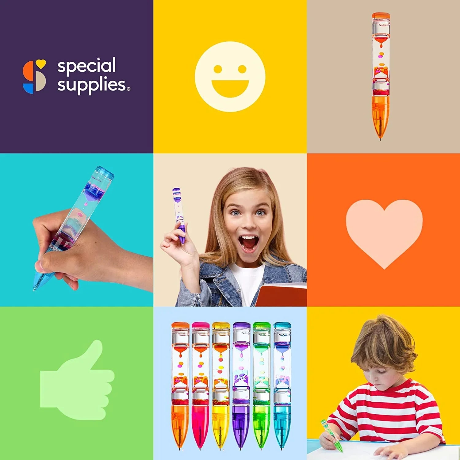 Sensory liquid motion pens set for kids with colorful oil and bubble chambers, used for focus and fidget support.