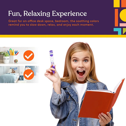 Excited girl holding sensory liquid timer and notebook, suitable for sensory-friendly spaces.