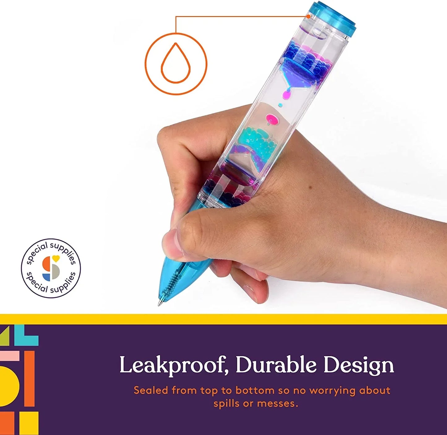 Hand holding a leakproof liquid motion sensory pen with blue and pink floating drops.