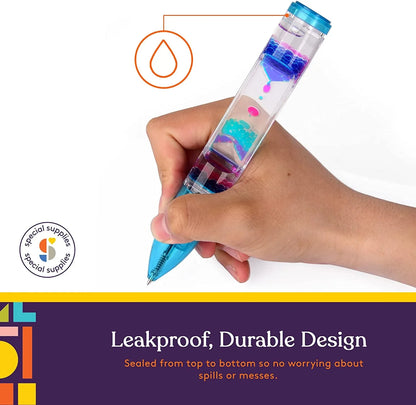 Hand holding a leakproof liquid motion sensory pen with blue and pink floating drops.
