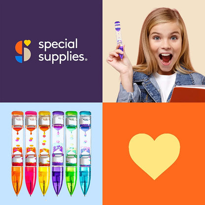 Sensory liquid motion pens in assorted colors, child excited, and heart graphics.