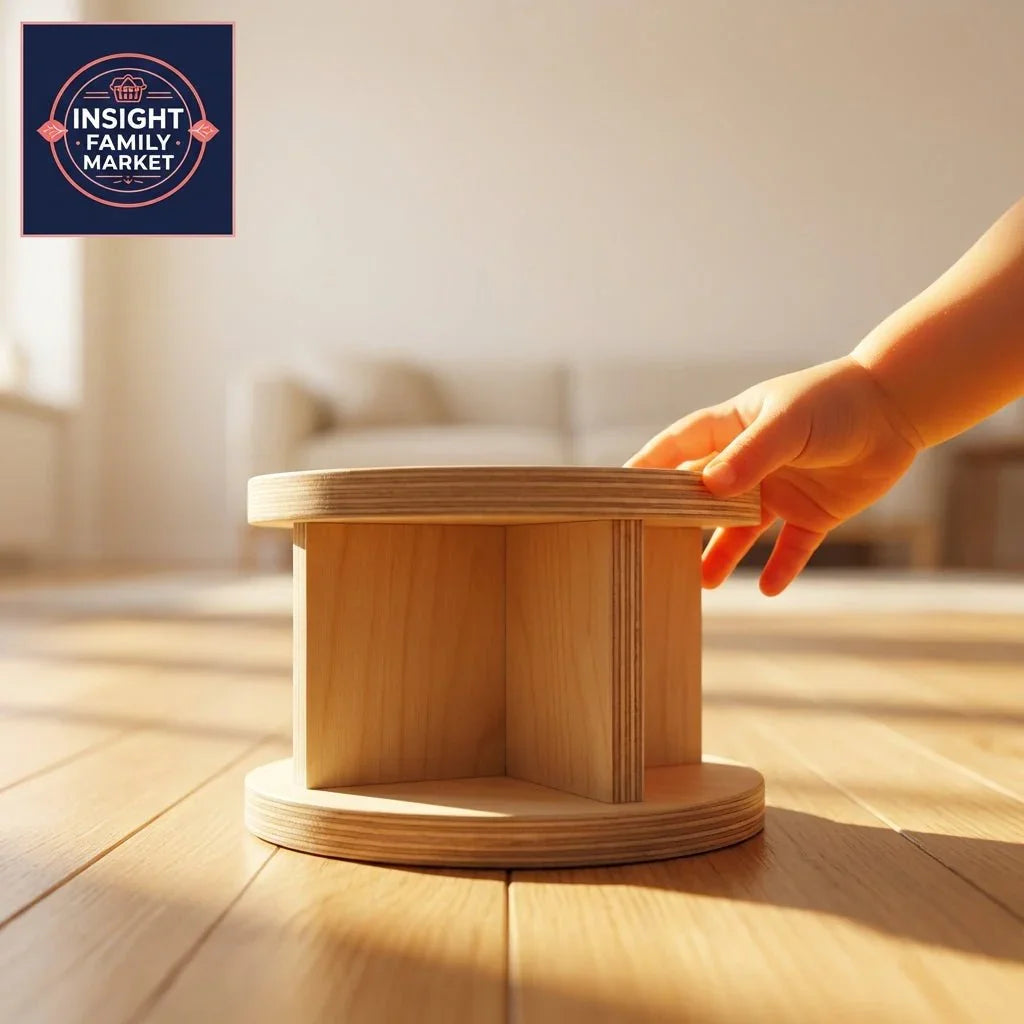 Child’s hand touching wooden sensory toy on floor in sunlit room, developmental play