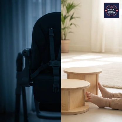 Sensory-friendly chair and wooden seating with child’s feet in a sunlit neurodiverse space