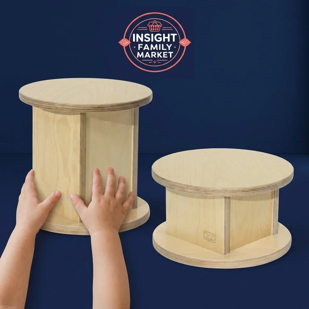 Child's hands touching wooden sensory stools against a blue background