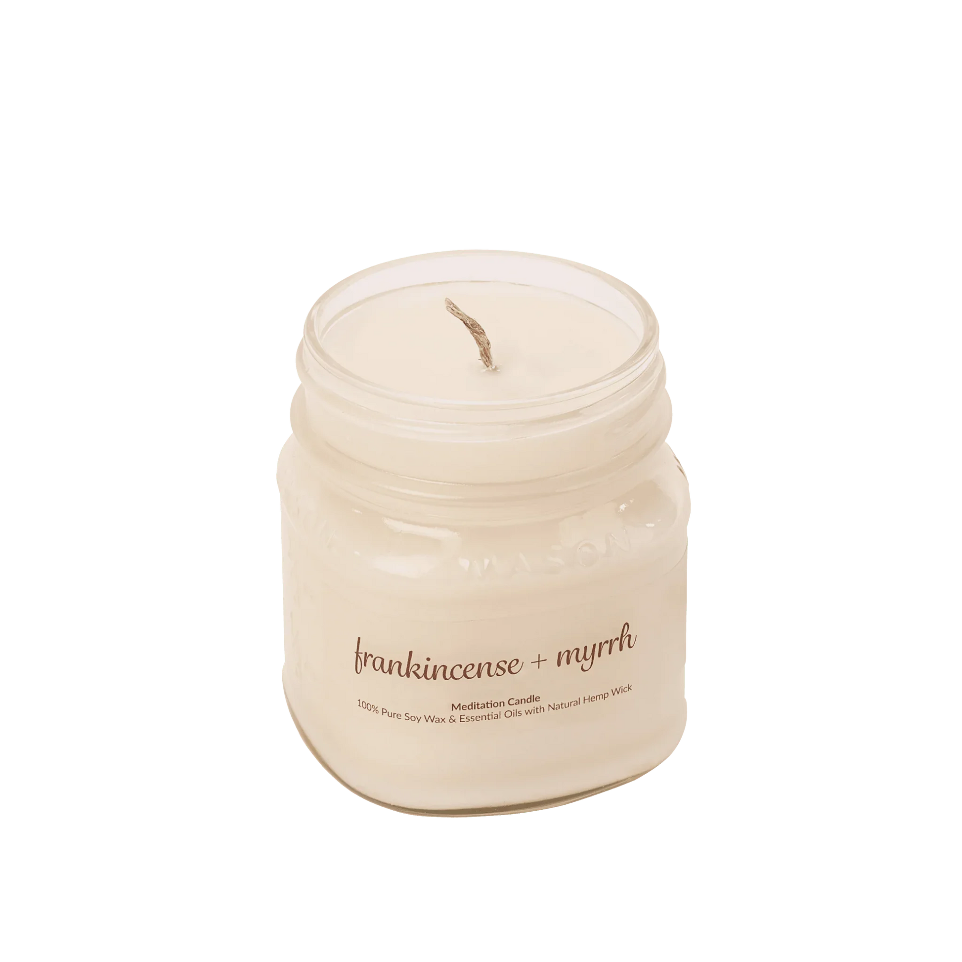 Frankincense and myrrh meditation soy wax candle in a clear glass jar