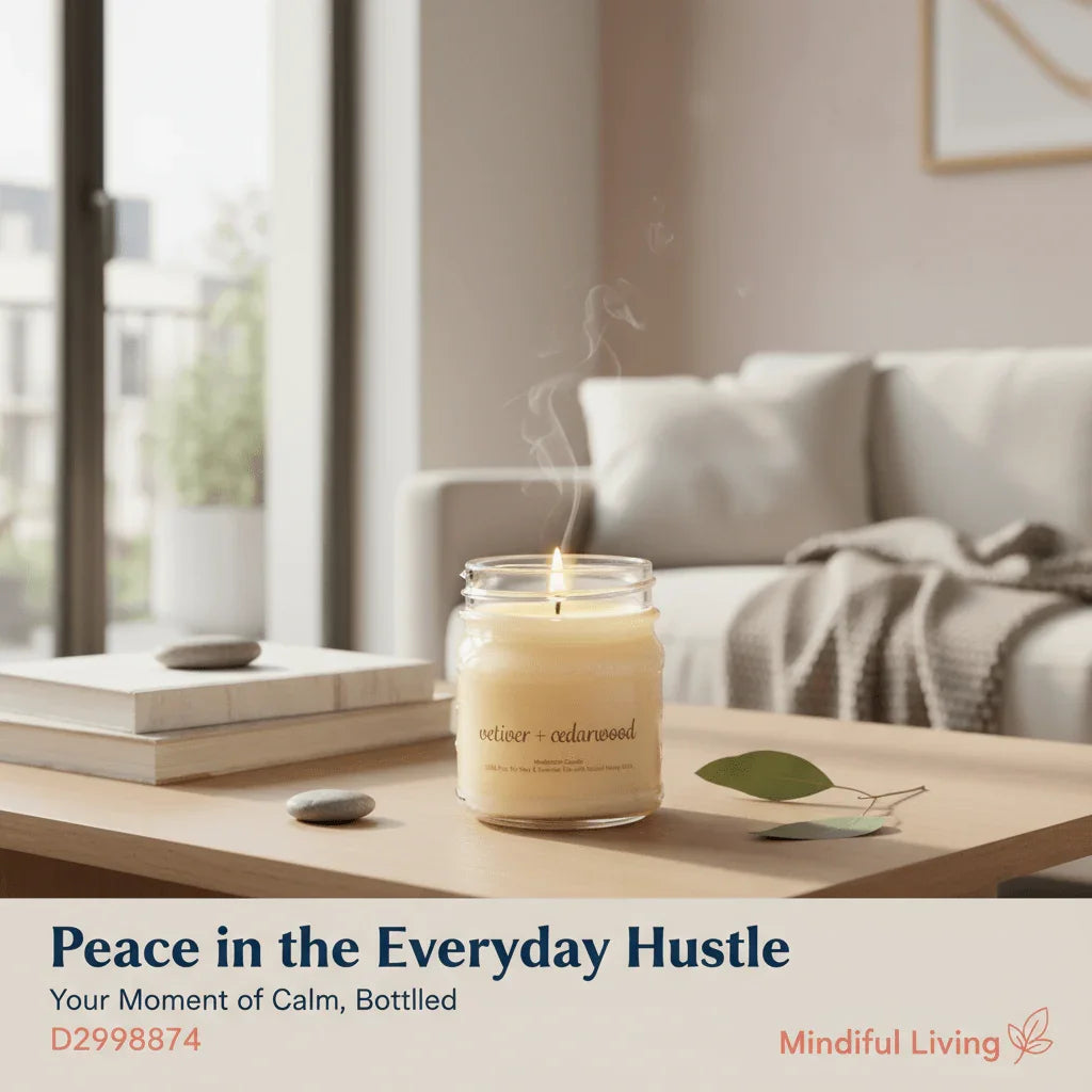 Vetiver and cedarwood candle on coffee table in cozy living room, promoting relaxation