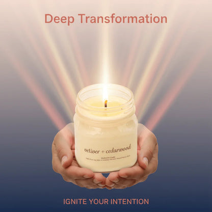 Hands holding a lit vetiver and cedarwood meditation candle with radiant light beams.