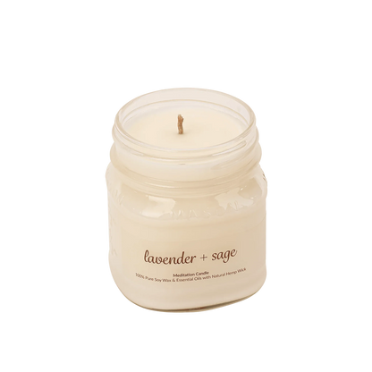 Lavender and sage meditation candle in glass jar, 100% soy wax with essential oils.
