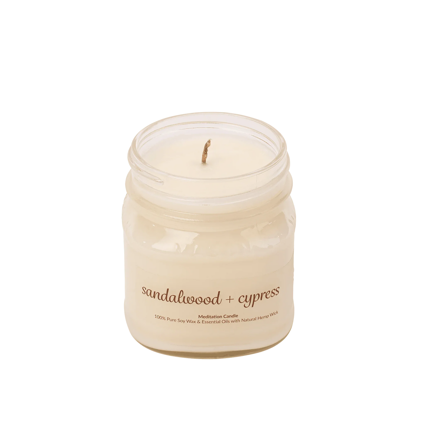 Sandalwood cypress meditation candle in glass jar, 100% soy wax with essential oils