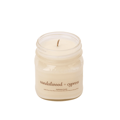 Sandalwood cypress meditation candle in glass jar, 100% soy wax with essential oils