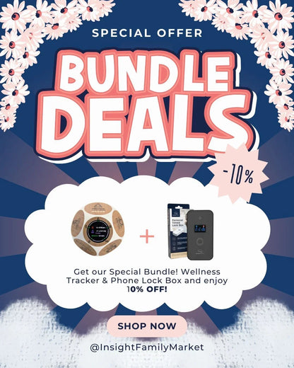 Special offer banner showing bundle deals on a wellness tracker and phone lock box, 10% off