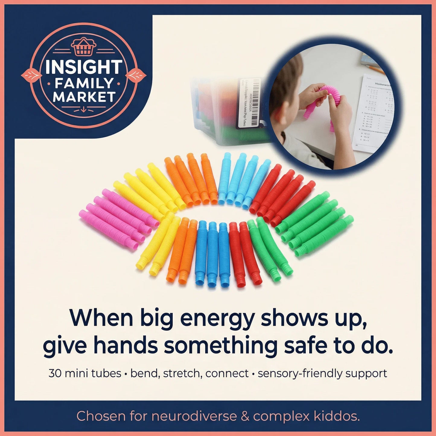 Colorful sensory mini tubes for bending, stretching, connecting; fidget support for kids.