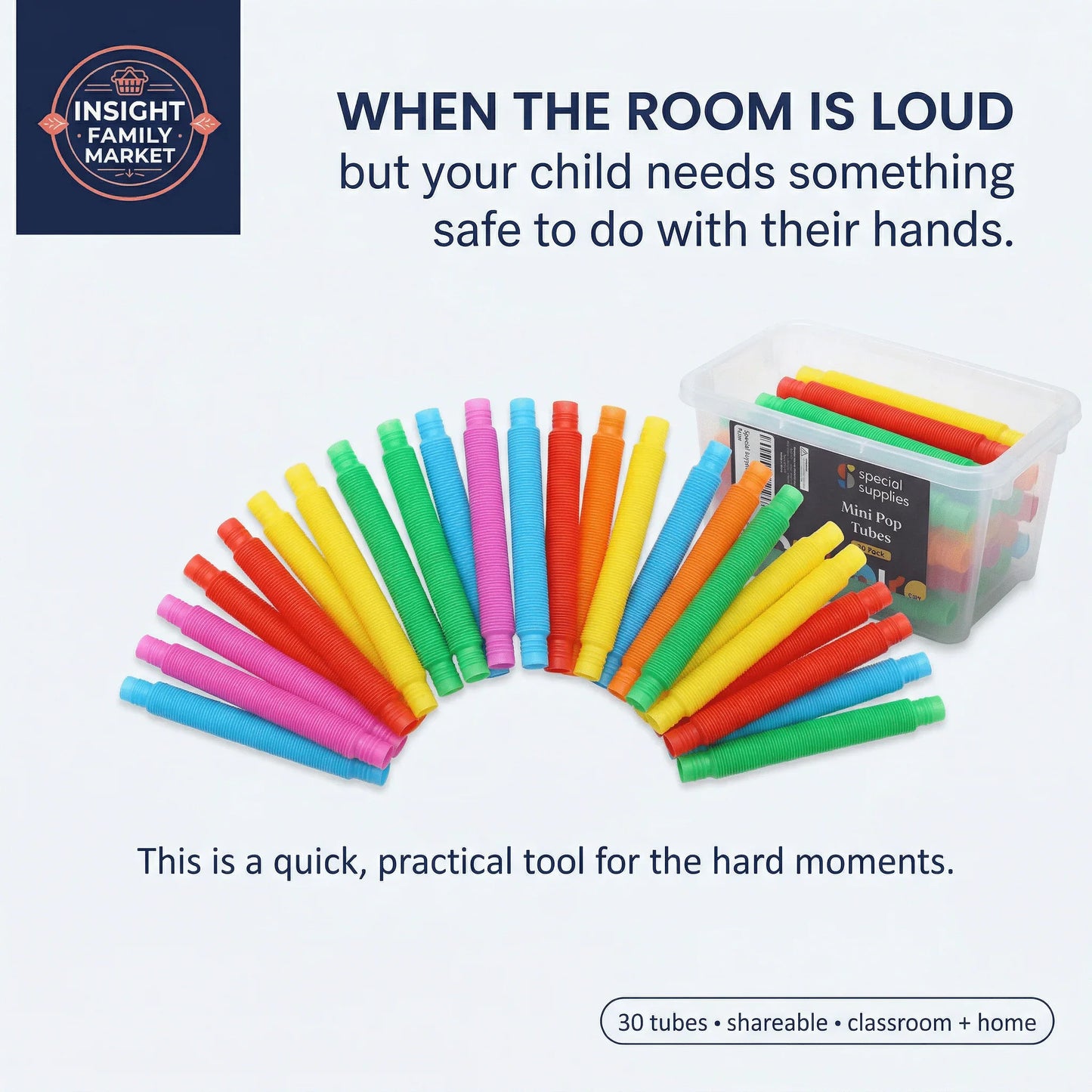 Colorful sensory pop tubes set for fidgeting, ADHD, and autism support, displayed in a fan shape.