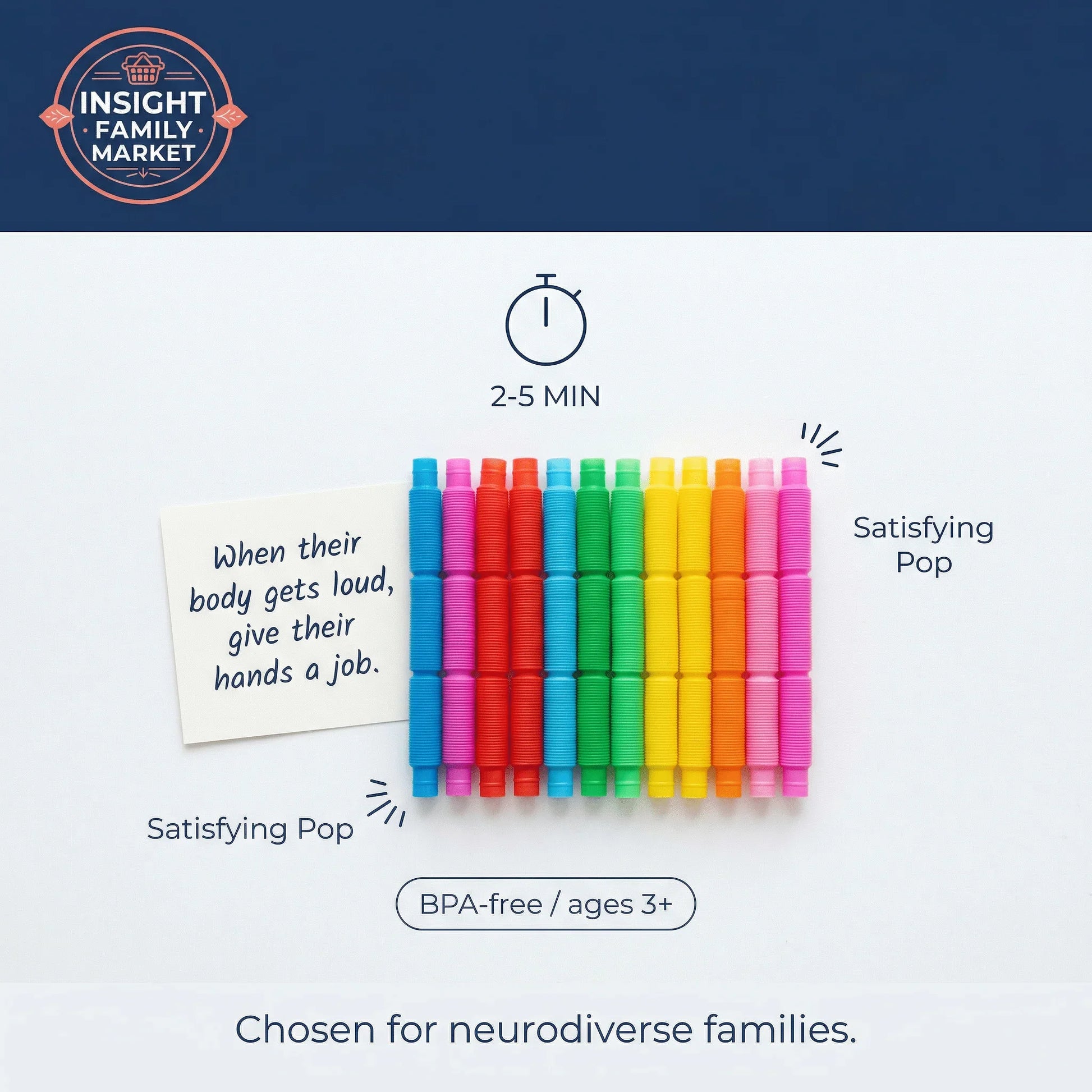 Colorful sensory pop tubes for kids, BPA-free, ages 3+, ideal for neurodiverse families
