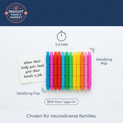Colorful sensory pop tubes for kids, BPA-free, ages 3+, ideal for neurodiverse families