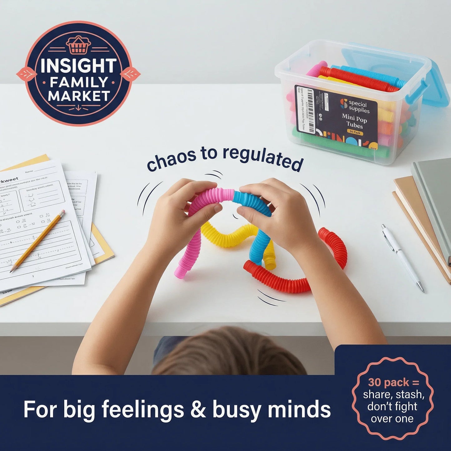 Child using colorful sensory fidget pop tubes at desk with schoolwork and storage box nearby.