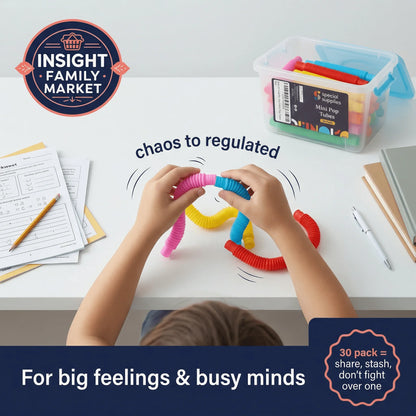 Child using colorful sensory fidget pop tubes at desk with schoolwork and storage box nearby.