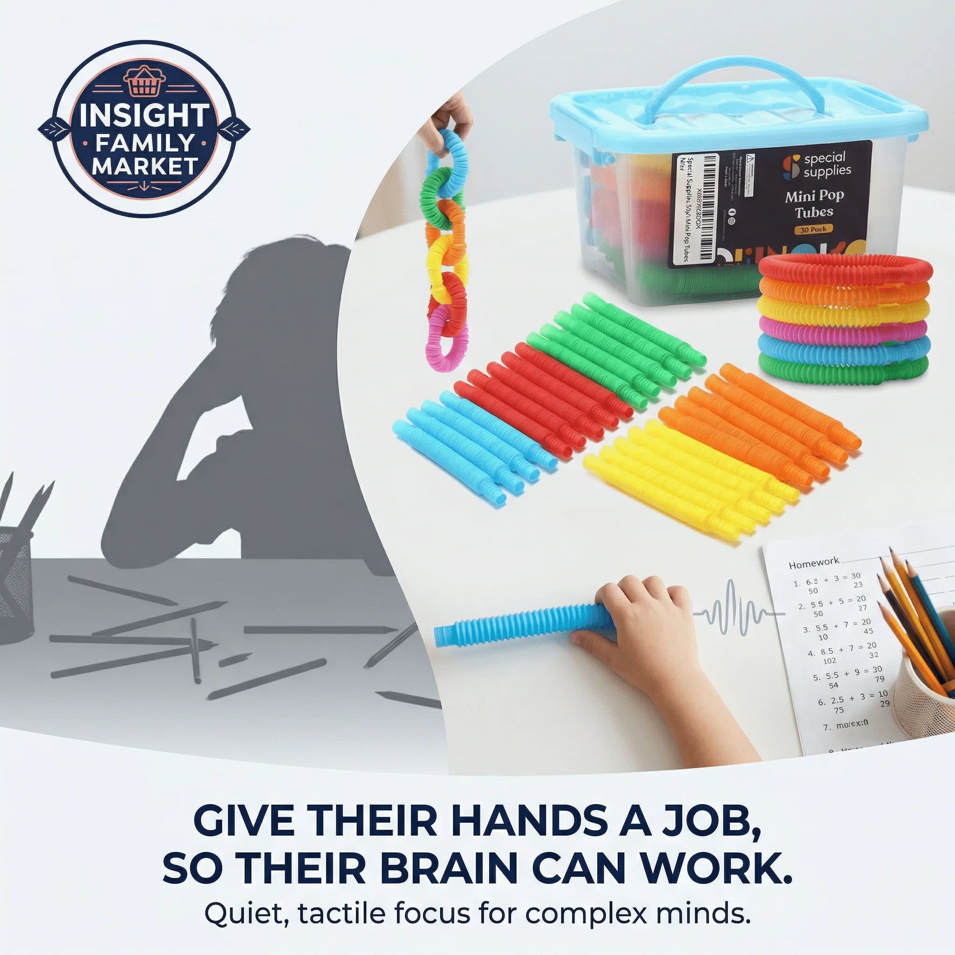 Child using colorful sensory pop tubes for focus beside homework and a storage bin.