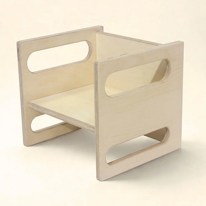 Montessori cube chair for kids, natural wood, adjustable seat, sensory learning furniture