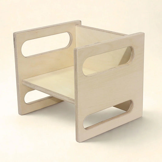 Montessori cube chair for kids, natural wood, adjustable seat, sensory learning furniture