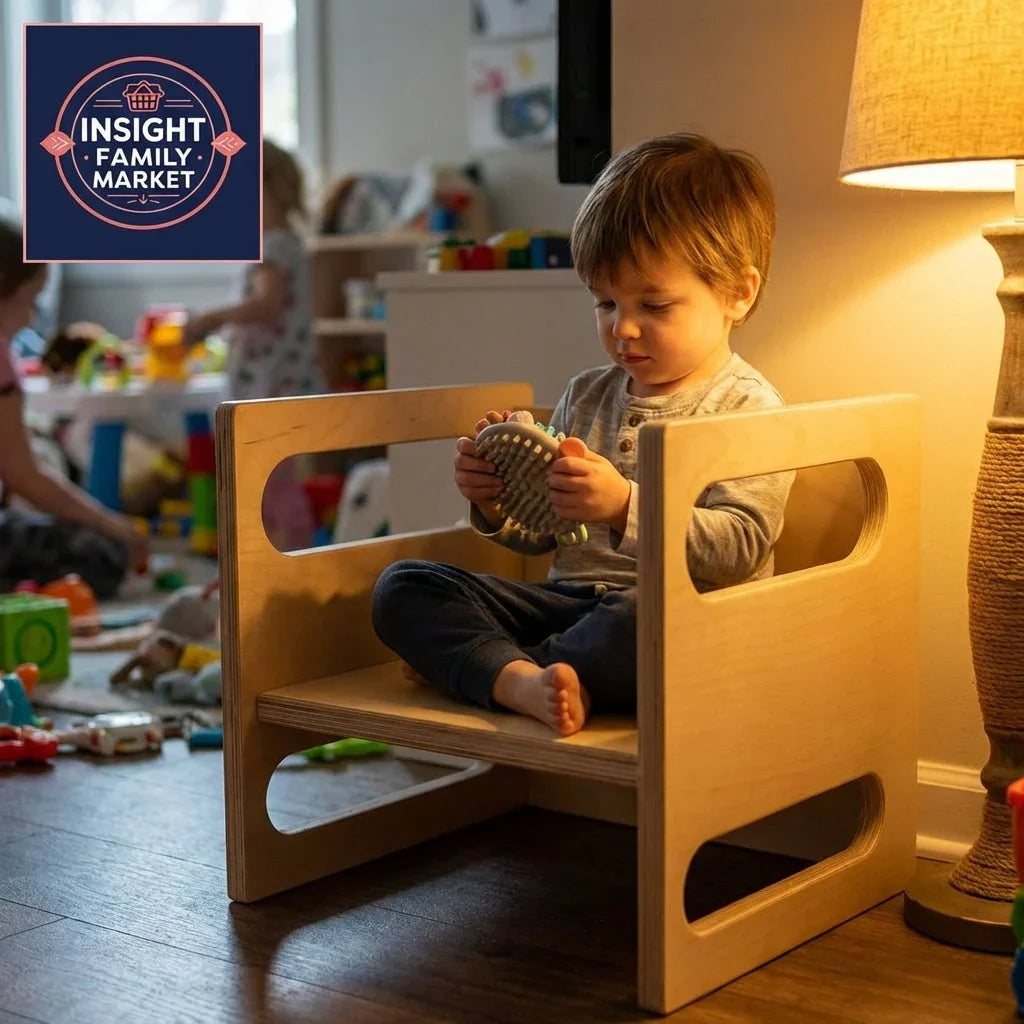 Young child sitting in a sensory chair with fidget toy in cozy playroom, warm lighting