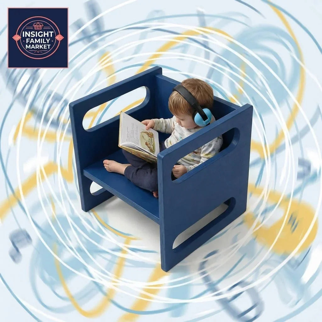 Child with headphones reading in a sensory-friendly blue focus chair