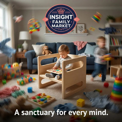 Sensory-friendly playroom with young children, wooden chair, and educational toys in a calm corner.