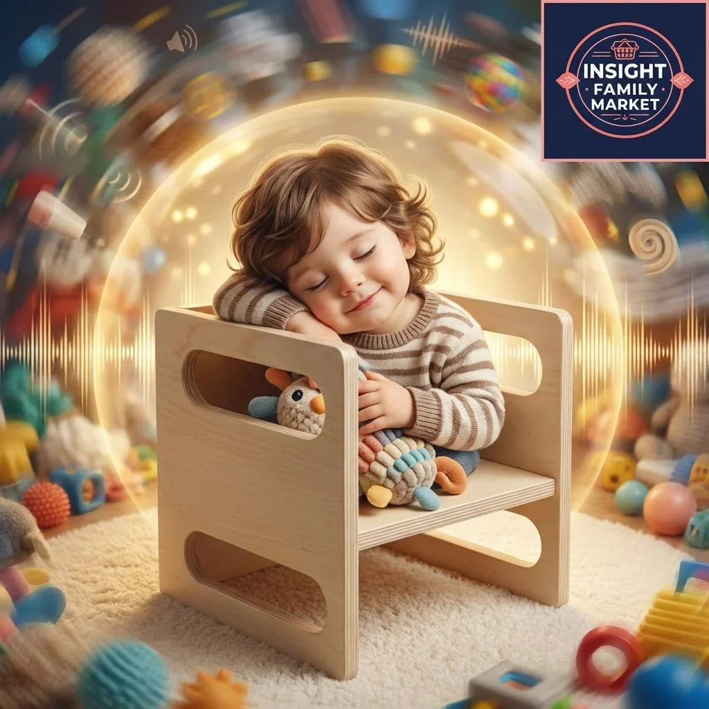 Smiling child with sensory toy in cozy chair, surrounded by calming sensory-friendly toys.