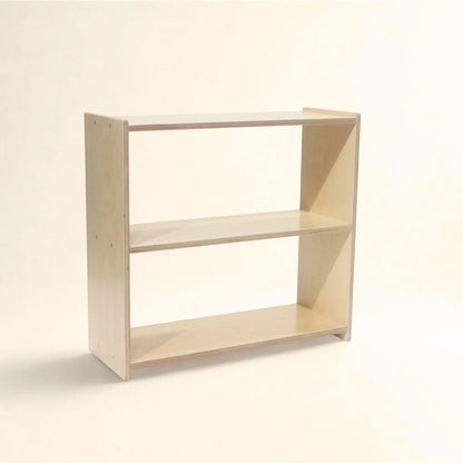 Montessori wooden shelf with three open tiers, natural finish, minimal design on white background
