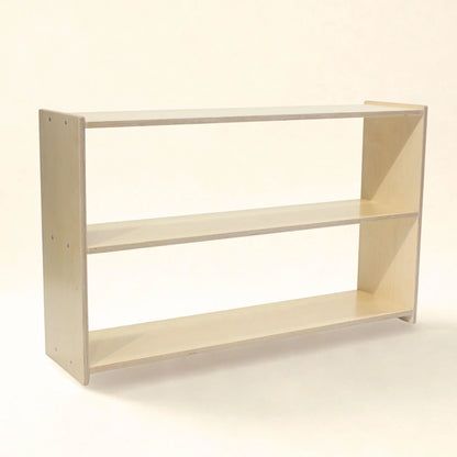 Wooden Montessori shelf with three open tiers, child-friendly open storage design
