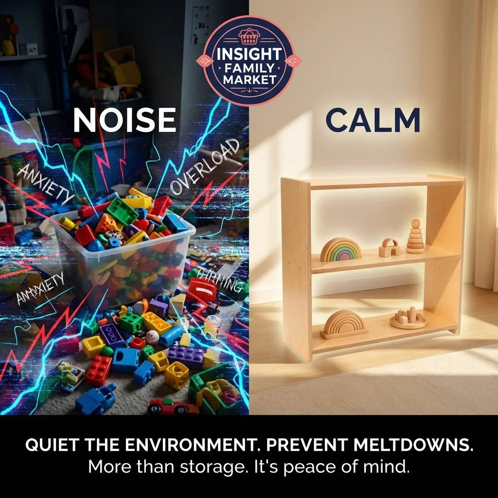 Sensory-friendly toy storage: cluttered noisy blocks vs. calm minimalist shelf for organized play.
