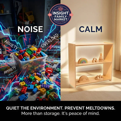 Sensory-friendly toy storage: cluttered noisy blocks vs. calm minimalist shelf for organized play.