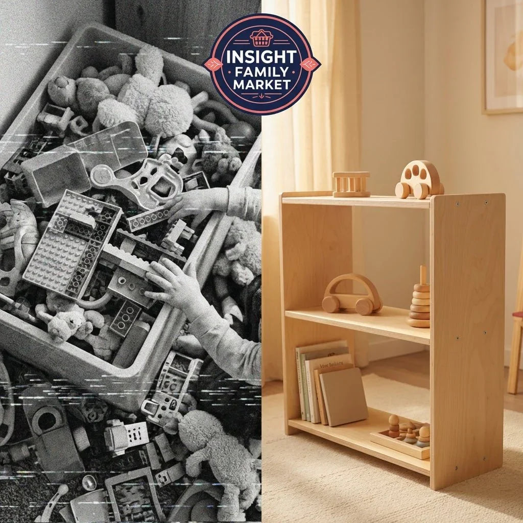 Side-by-side of cluttered toy bin with child's hands and tidy wooden shelf with sensory toys