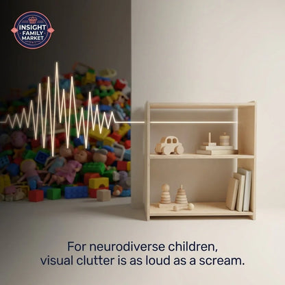 Minimalist wooden toy shelf contrasts with cluttered pile of colorful toys, highlighting sensory-friendly organization for neurodiverse children.