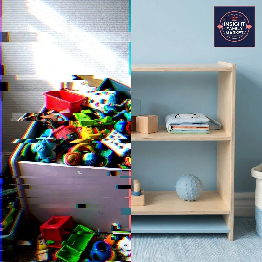Split image of a cluttered toy box with vivid colors versus a tidy, sensory-friendly shelf in a child's room.