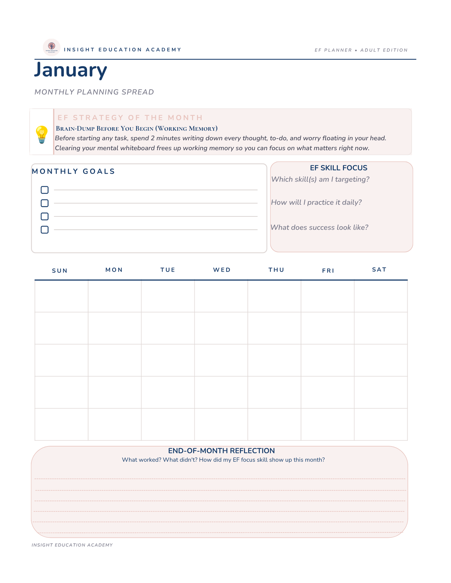 Monthly planning spread for January with goal setting and reflection sections on a white background.