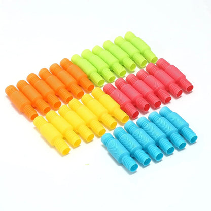 Colorful sensory fidget pop tubes for kids, organized by color on a white background.