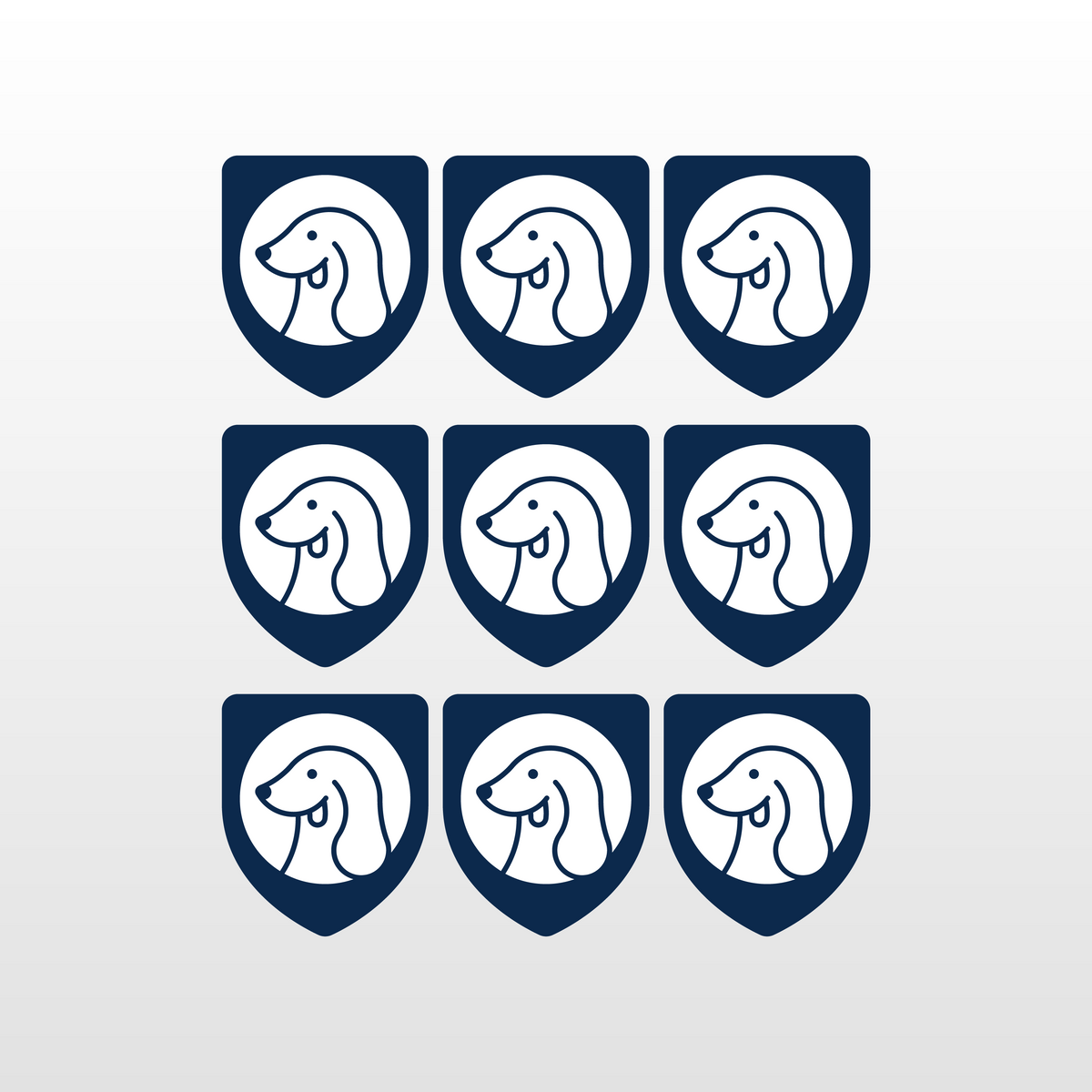 Nine blue and white logos with a dog design on a light gray background