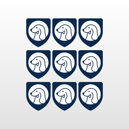 Nine blue and white logos with a dog design on a light gray background