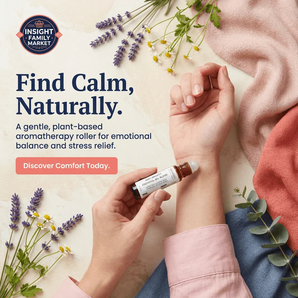 Applying aromatherapy roller to wrist with lavender, chamomile, and text promoting stress relief